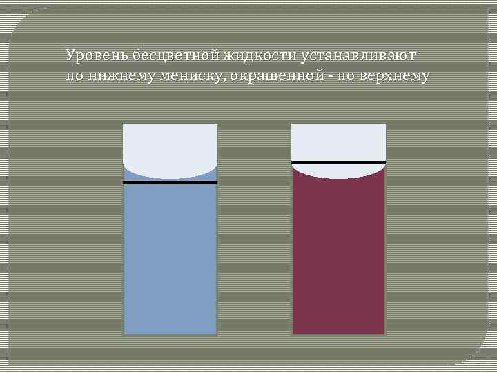 Уровень бесцветной жидкости устанавливают по нижнему мениску, окрашенной - по верхнему 