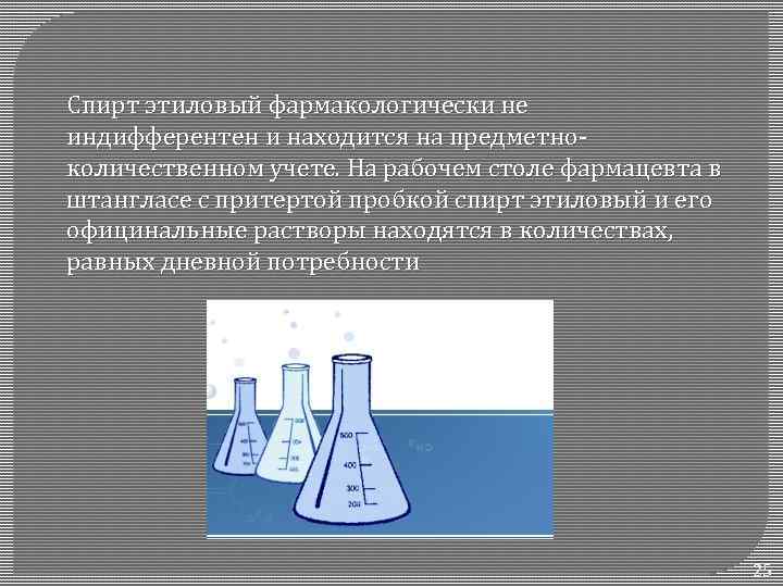 Спирт этиловый фармакологически не индифферентен и находится на предметноколичественном учете. На рабочем столе фармацевта