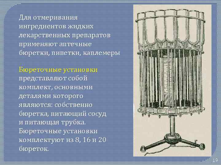 Для отмеривания ингредиентов жидких лекарственных препаратов применяют аптечные бюретки, пипетки, каплемеры Бюреточные установки представляют