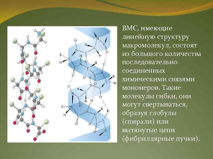 ВМС, имеющие линейную структуру макромолекул, состоят из большого количества последовательно соединенных химическими связями мономеров.