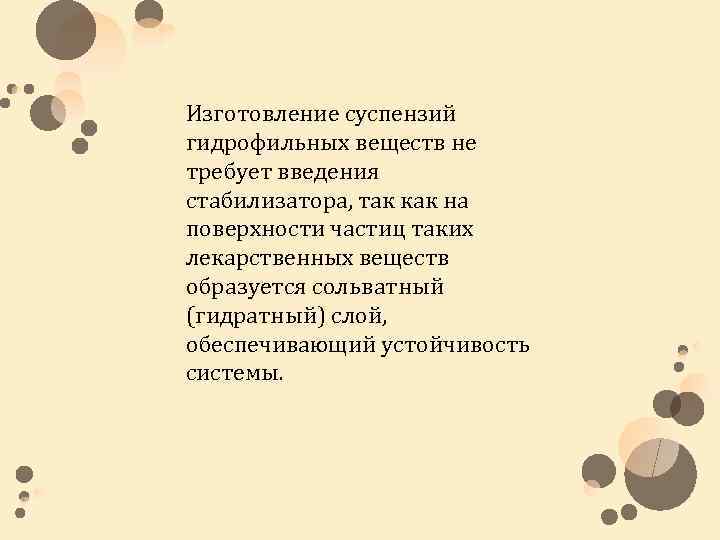 Изготовление суспензий гидрофильных веществ не требует введения стабилизатора, так как на поверхности частиц таких