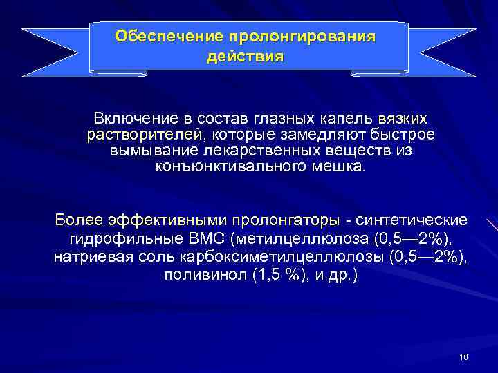 Обеспечение пролонгирования действия Включение в состав глазных капель вязких растворителей, которые замедляют быстрое вымывание