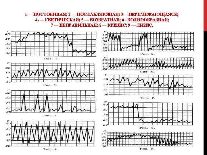 1 — ПОСТОЯННАЯ; 2 — ПОСЛАБЛЯЮЩАЯ; 3— ПЕРЕМЕЖАЮЩАЯСЯ; 4. — ГЕКТИЧЕСКАЯ; 5 — ВОЗВРАТНАЯ;