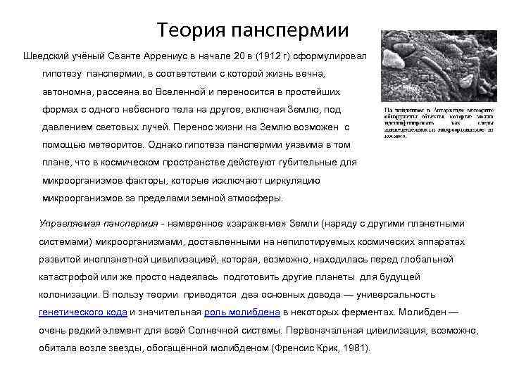 Теория панспермии Шведский учёный Сванте Аррениус в начале 20 в (1912 г) сформулировал гипотезу