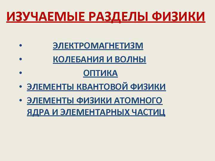 ИЗУЧАЕМЫЕ РАЗДЕЛЫ ФИЗИКИ • ЭЛЕКТРОМАГНЕТИЗМ • КОЛЕБАНИЯ И ВОЛНЫ • ОПТИКА • ЭЛЕМЕНТЫ КВАНТОВОЙ