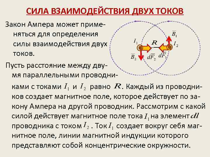 СИЛА ВЗАИМОДЕЙСТВИЯ ДВУХ ТОКОВ Закон Ампера может применяться для определения силы взаимодействия двух токов.