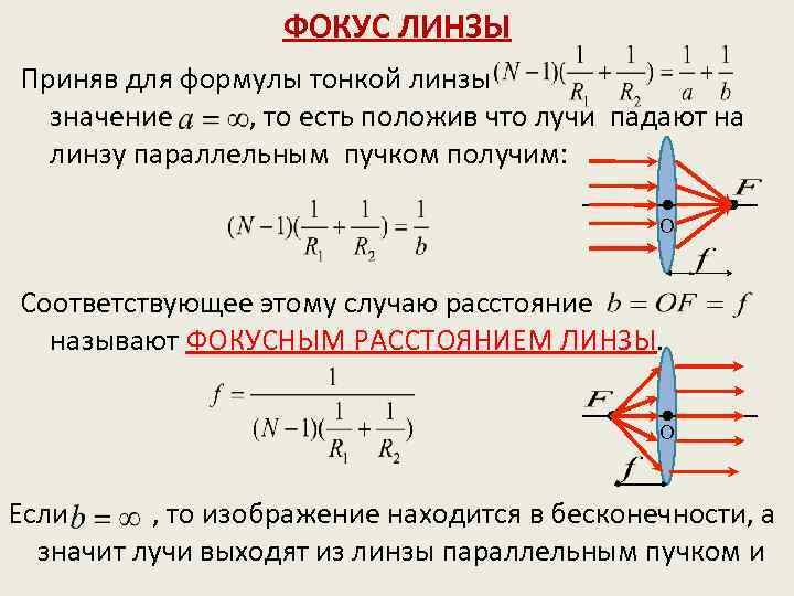 ФОКУС ЛИНЗЫ Приняв для формулы тонкой линзы значение , то есть положив что лучи
