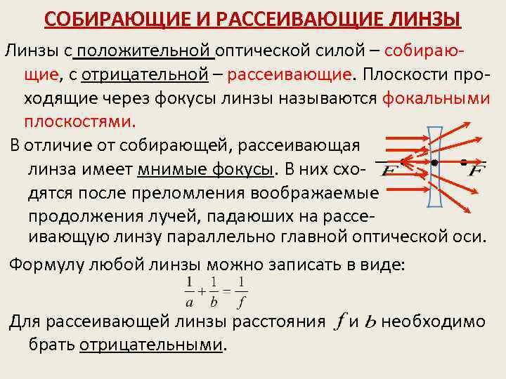 СОБИРАЮЩИЕ И РАССЕИВАЮЩИЕ ЛИНЗЫ Линзы с положительной оптической силой – собирающие, с отрицательной –