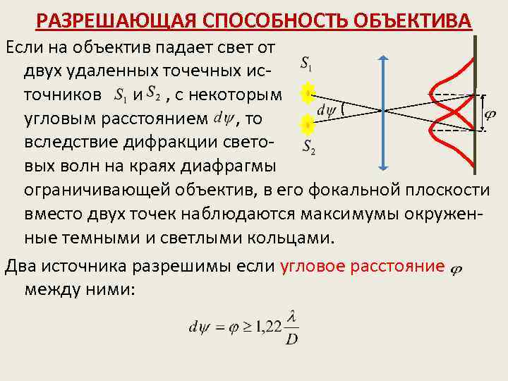 РАЗРЕШАЮЩАЯ СПОСОБНОСТЬ ОБЪЕКТИВА Если на объектив падает свет от двух удаленных точечных источников и