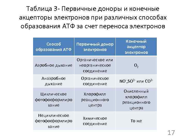 Таблица 3 - Первичные доноры и конечные акцепторы электронов при различных способах образования АТФ