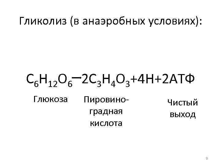 Гликолиз (в анаэробных условиях): C 6 H 12 O 6 2 C 3 H