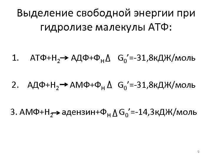 Выделение свободной энергии при гидролизе малекулы АТФ: 1. АТФ+Н 2 АДФ+ФН G 0’=-31, 8