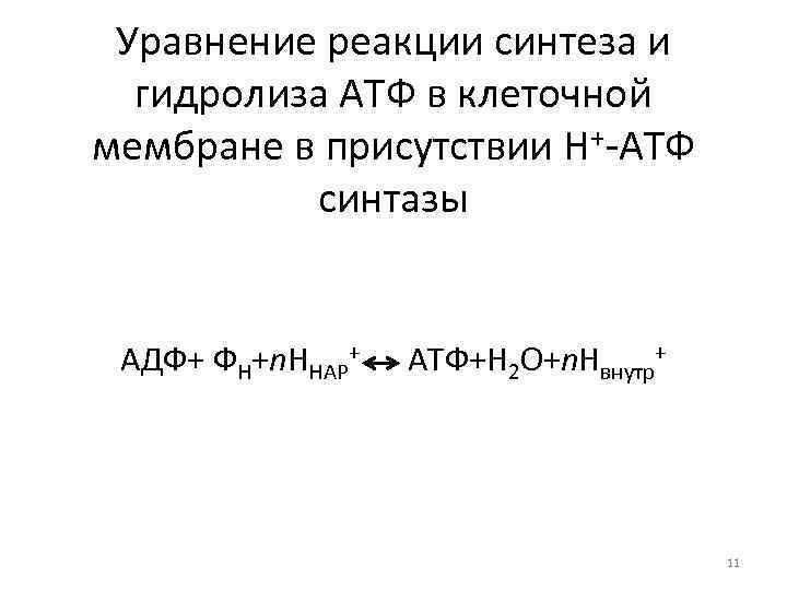 Уравнение реакции синтеза и гидролиза АТФ в клеточной мембране в присутствии Н+-АТФ синтазы АДФ+