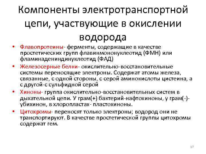 Компоненты электротранспортной цепи, участвующие в окислении водорода • Флавопротеины- ферменты, содержащие в качестве простетических