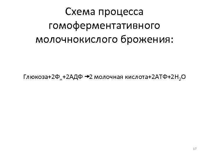 Схема процесса гомоферментативного молочнокислого брожения: Глюкоза+2 Фн+2 АДФ 2 молочная кислота+2 АТФ+2 Н 2