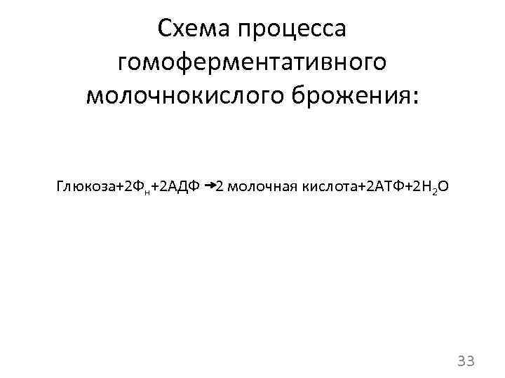 Схема процесса гомоферментативного молочнокислого брожения: Глюкоза+2 Фн+2 АДФ 2 молочная кислота+2 АТФ+2 Н 2