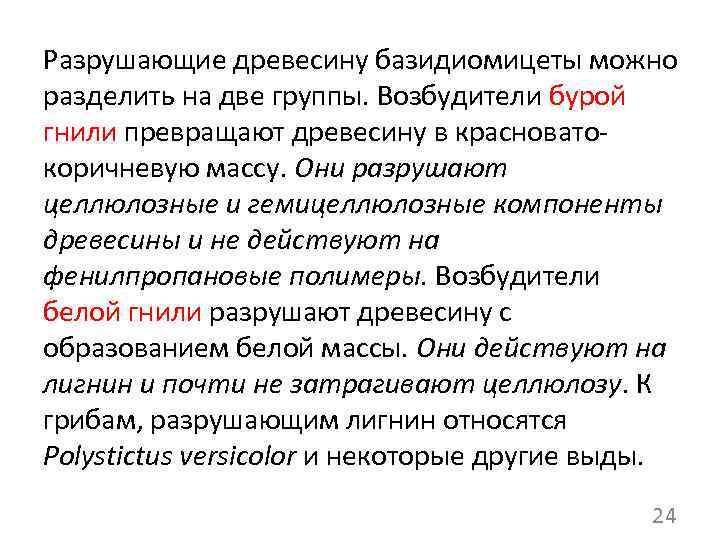 Разрушающие древесину базидиомицеты можно разделить на две группы. Возбудители бурой гнили превращают древесину в