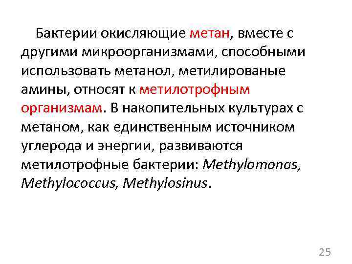  Бактерии окисляющие метан, вместе с другими микроорганизмами, способными использовать метанол, метилированые амины, относят