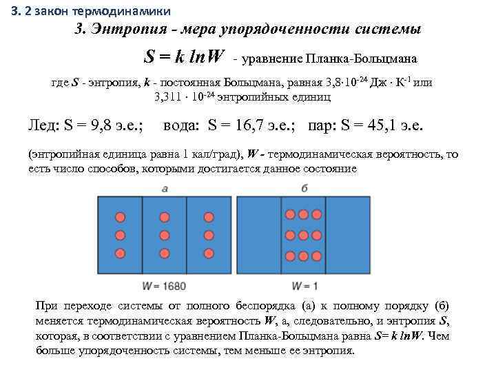 3. 2 закон термодинамики 3. Энтропия - мера упорядоченности системы S = k ln.