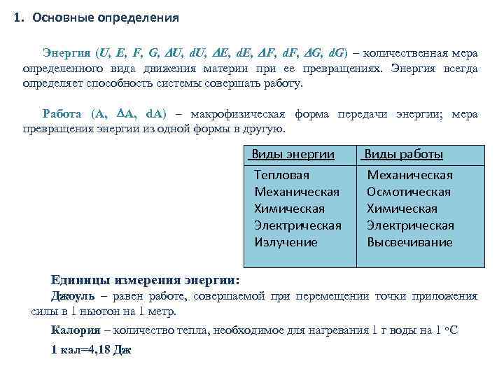 1. Основные определения Энергия (U, E, F, G, U, d. U, E, d. E,