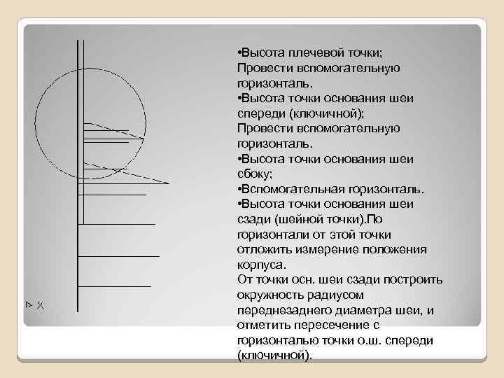  • Высота плечевой точки; Провести вспомогательную горизонталь. • Высота точки основания шеи спереди