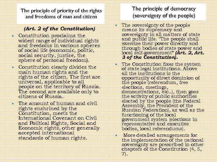 The principle of democracy (sovereignty of the people) The principle of priority of the