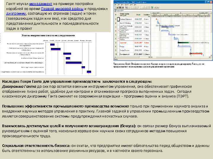 Гантт изучал менеджмент на примере постройки кораблей во время Первой мировой войны и предложил