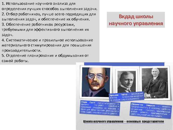 1. Использование научного анализа для определения лучших способов выполнения задачи. 2. Отбор работников, лучше