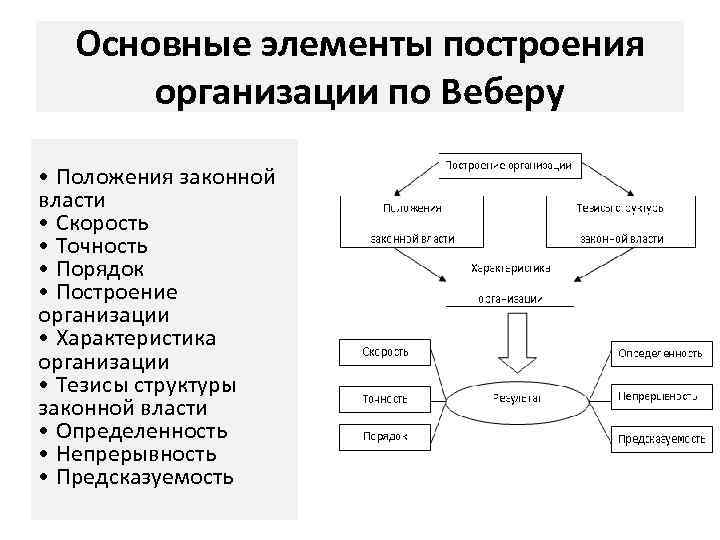Основные элементы построения организации по Веберу • Положения законной власти • Скорость • Точность