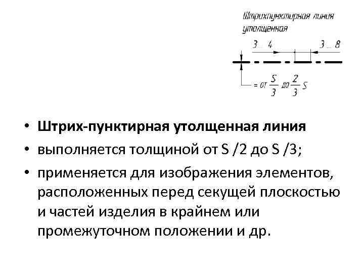  • Штрих-пунктирная утолщенная линия • выполняется толщиной от S /2 до S /3;
