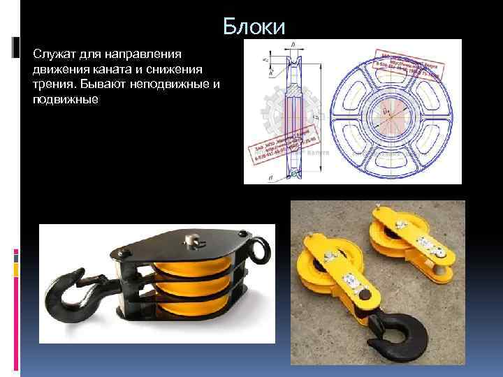 Блоки Служат для направления движения каната и снижения трения. Бывают неподвижные и подвижные 
