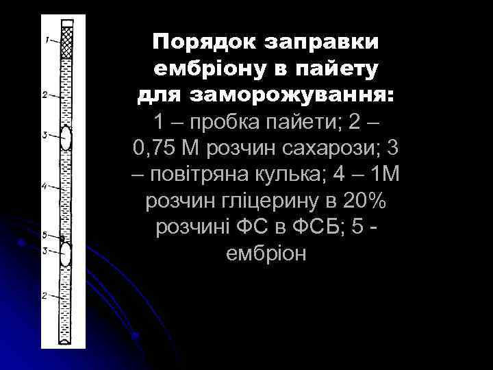 Порядок заправки ембріону в пайету для заморожування: 1 – пробка пайети; 2 – 0,