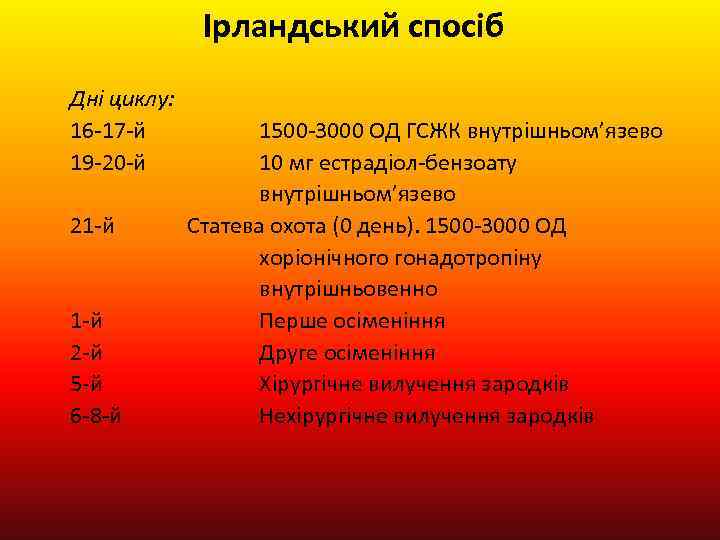 Ірландський спосіб Дні циклу: 16 -17 -й 19 -20 -й 21 -й 2 -й