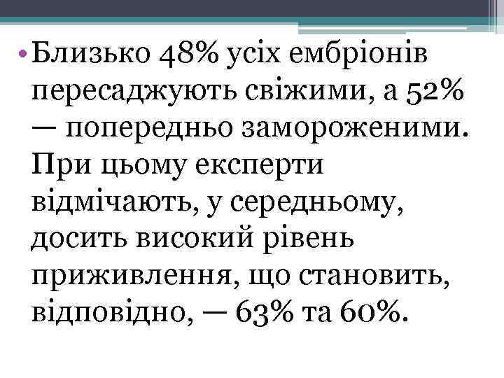  • Близько 48% усіх ембріонів пересаджують свіжими, а 52% — попередньо замороженими. При
