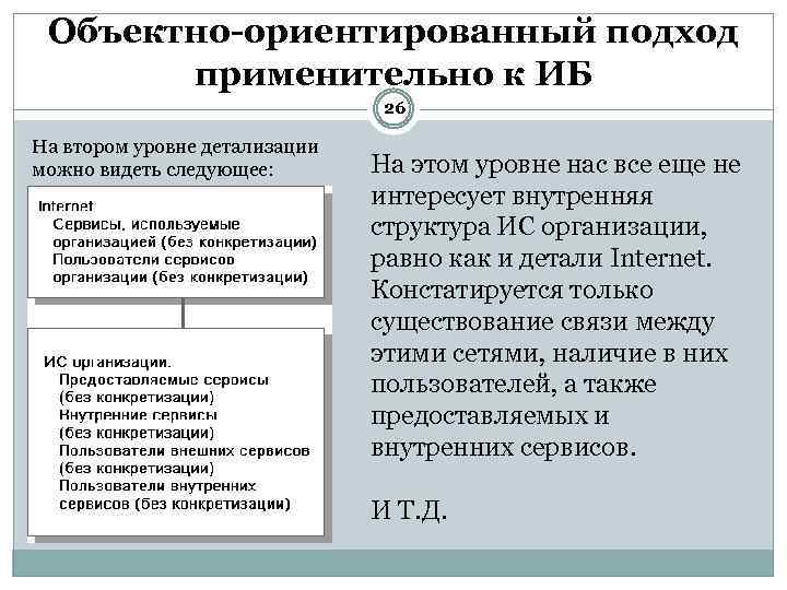 Объектно-ориентированный подход применительно к ИБ 26 На втором уровне детализации можно видеть следующее: На