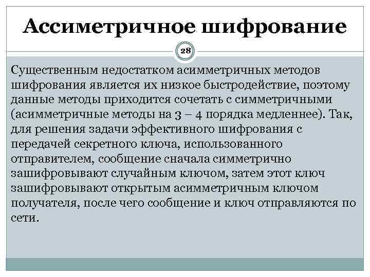 Ассиметричное шифрование 28 Существенным недостатком асимметричных методов шифрования является их низкое быстродействие, поэтому данные