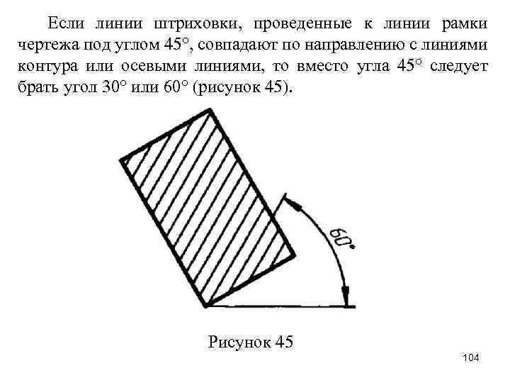 Если линии штриховки, проведенные к линии рамки чертежа под углом 45°, совпадают по направлению