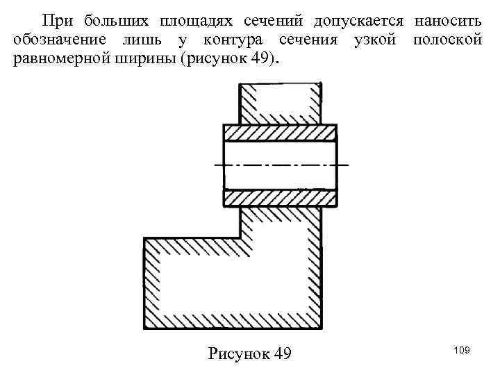 При больших площадях сечений допускается наносить обозначение лишь у контура сечения узкой полоской равномерной