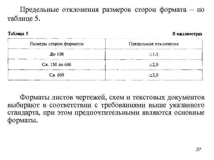 Предельные отклонения размеров сторон формата – по таблице 5. Форматы листов чертежей, схем и