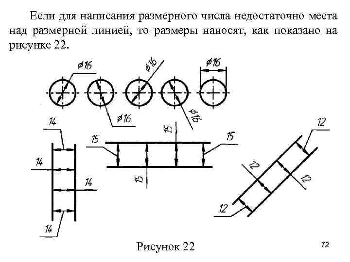 Если для написания размерного числа недостаточно места над размерной линией, то размеры наносят, как