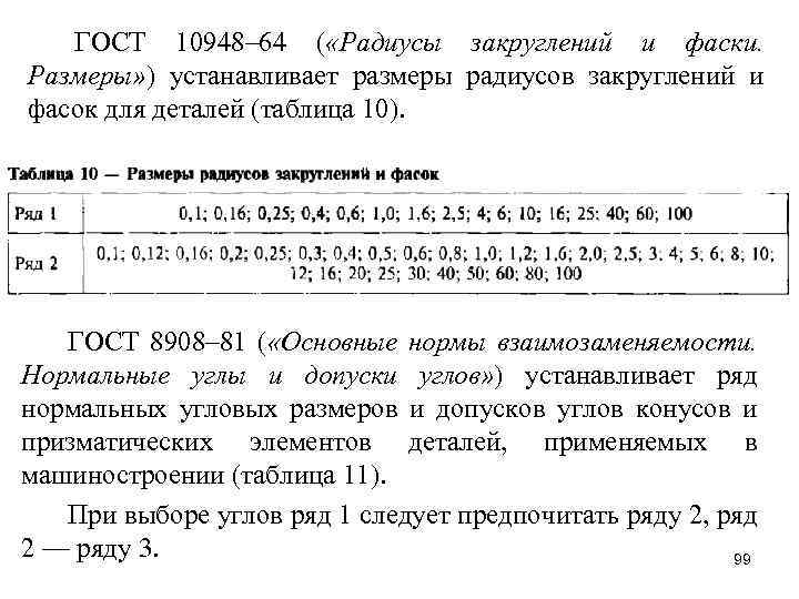 ГОСТ 10948– 64 ( «Радиусы закруглений и фаски. Размеры» ) устанавливает размеры радиусов закруглений