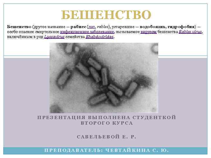БЕШЕНСТВО Бешенство (другое название — рабиес (лат. rabies), устаревшие — водобоязнь, гидрофобия) — особо