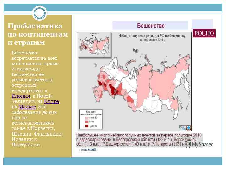 Проблематика по континентам и странам Бешенство встречается на всех континентах, кроме Антарктиды. Бешенство не