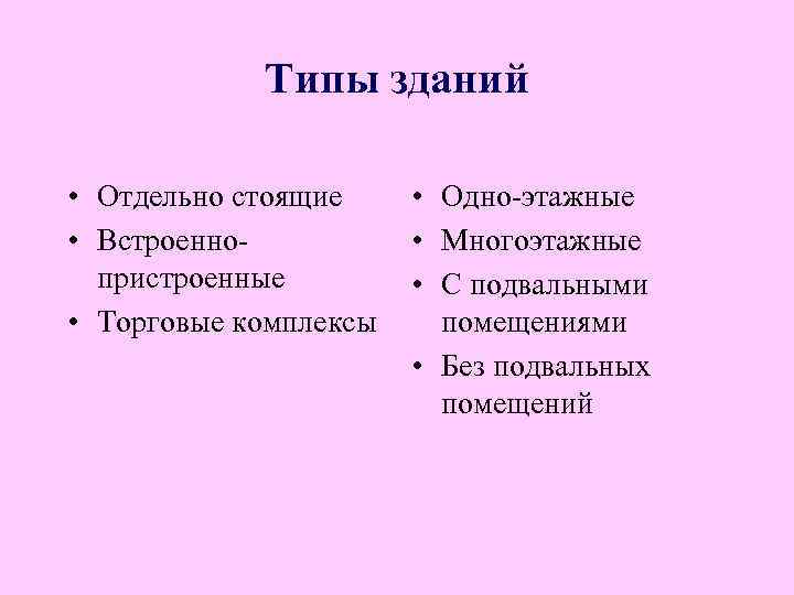 Типы зданий • Отдельно стоящие • Встроеннопристроенные • Торговые комплексы • Одно-этажные • Многоэтажные