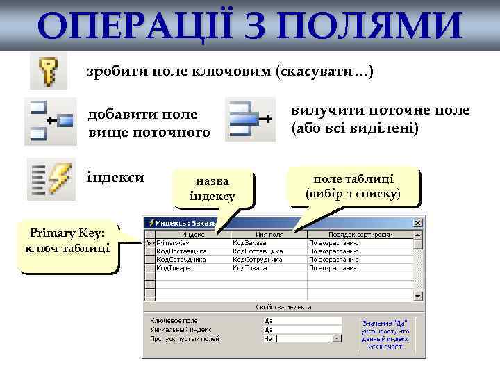 ОПЕРАЦІЇ З ПОЛЯМИ зробити поле ключовим (скасувати…) добавити поле вище поточного індекси Primary Key: