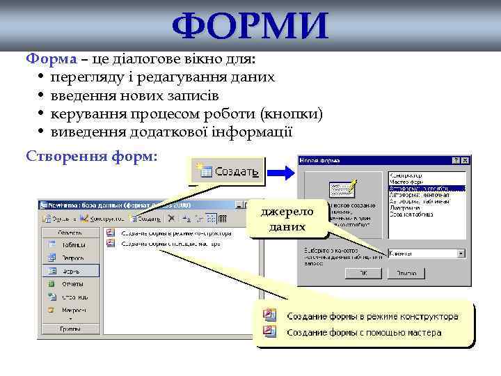 ФОРМИ Форма – це діалогове вікно для: • перегляду і редагування даних • введення