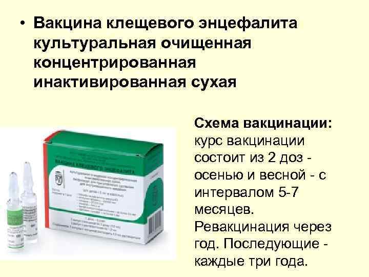  • Вакцина клещевого энцефалита культуральная очищенная концентрированная инактивированная сухая Схема вакцинации: курс вакцинации