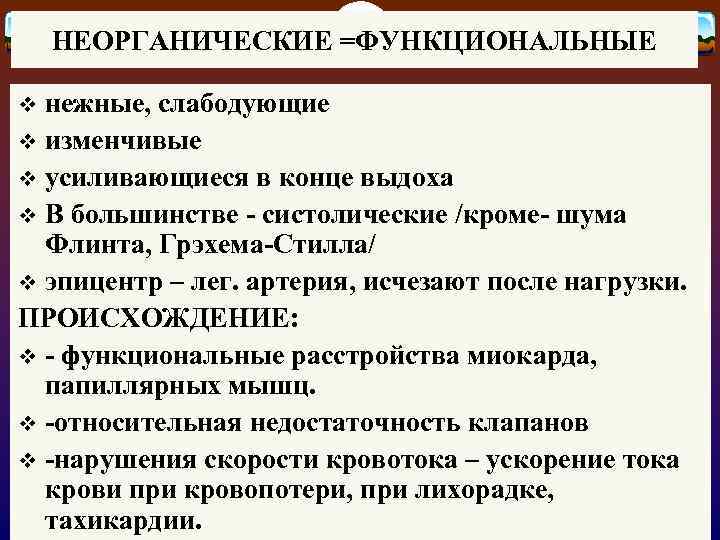 НЕОРГАНИЧЕСКИЕ =ФУНКЦИОНАЛЬНЫЕ нежные, слабодующие v изменчивые v усиливающиеся в конце выдоха v В большинстве