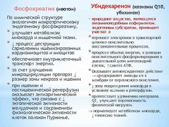 Фосфокреатин (неотон) По химической структуре аналогичен макроэргическому эндогенному фосфокреатину. * улучшает метаболизм миокарда и