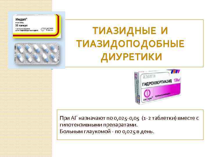 ТИАЗИДНЫЕ И ТИАЗИДОПОДОБНЫЕ ДИУРЕТИКИ При АГ назначают по 0, 025 -0, 05 (1 -2